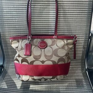 Coach Maroon and Tan Signature Tote
